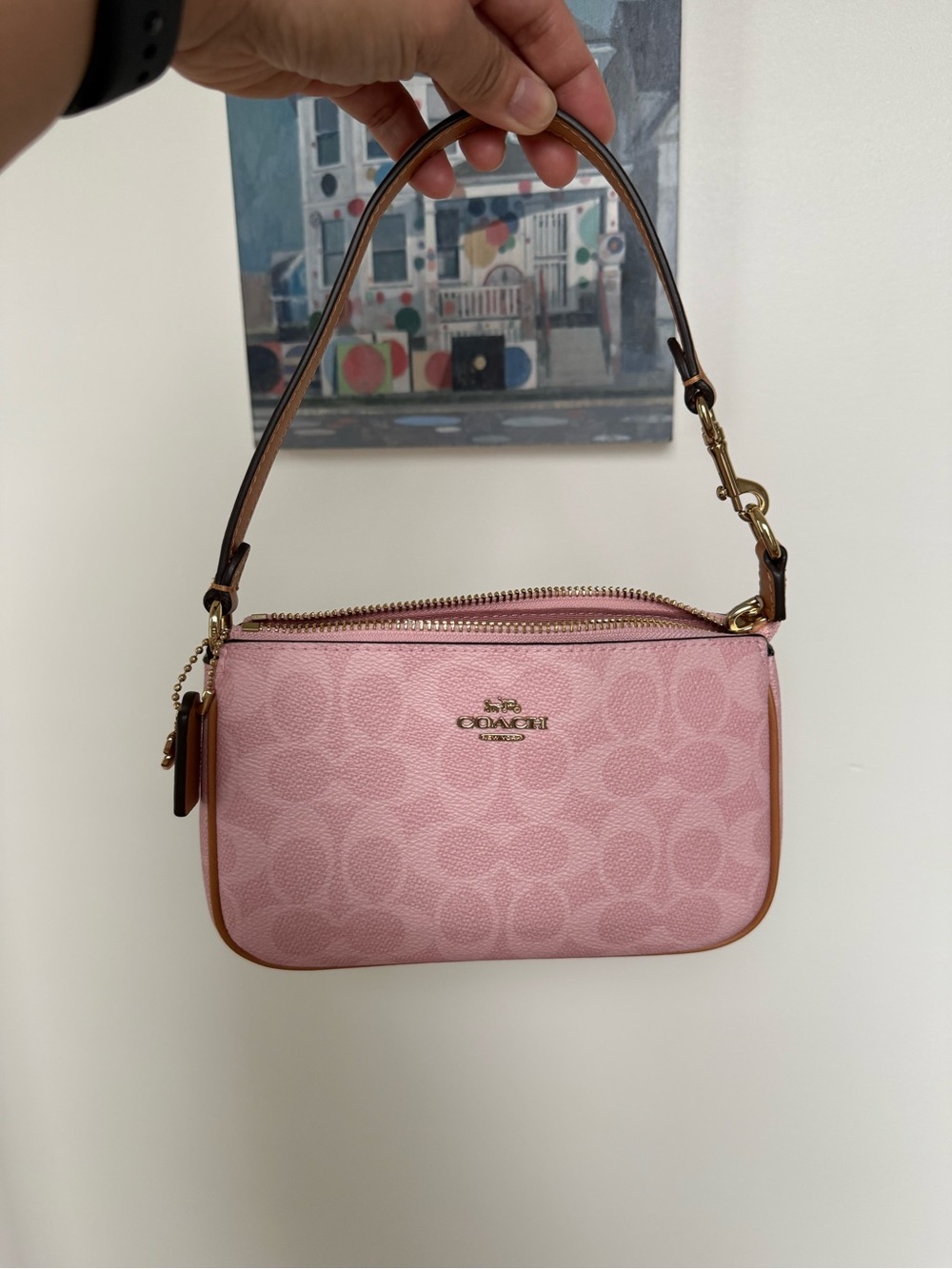 Coach Pink Signature Mini Shoulder Bag with Brown Trim